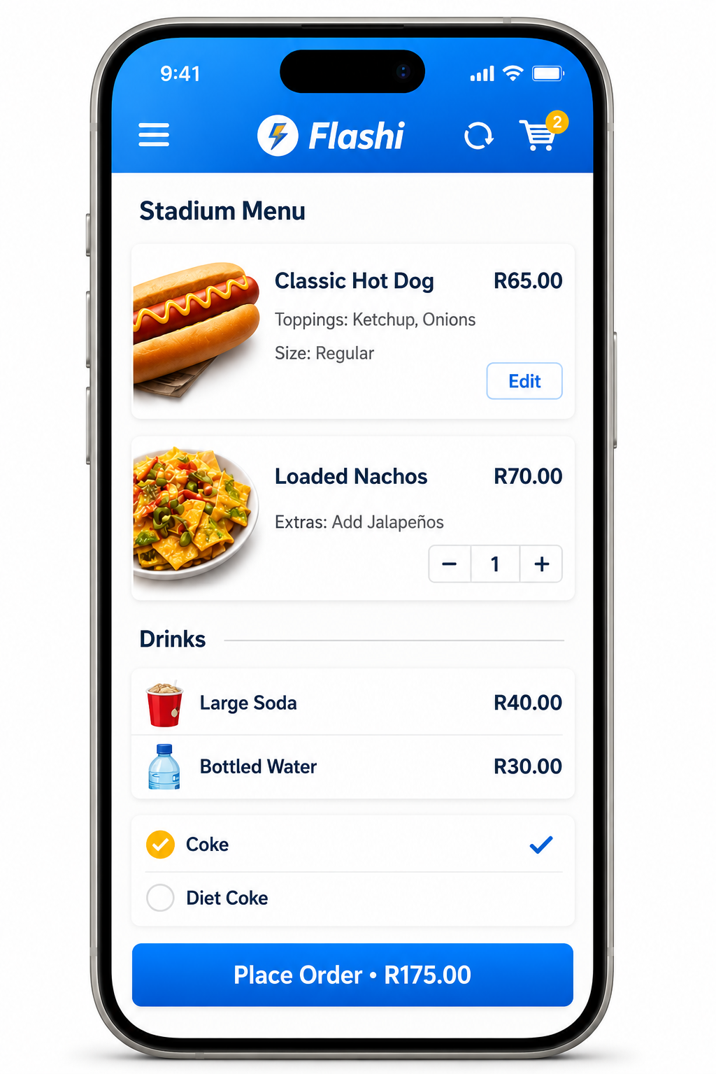 Flashi stadium menu screen