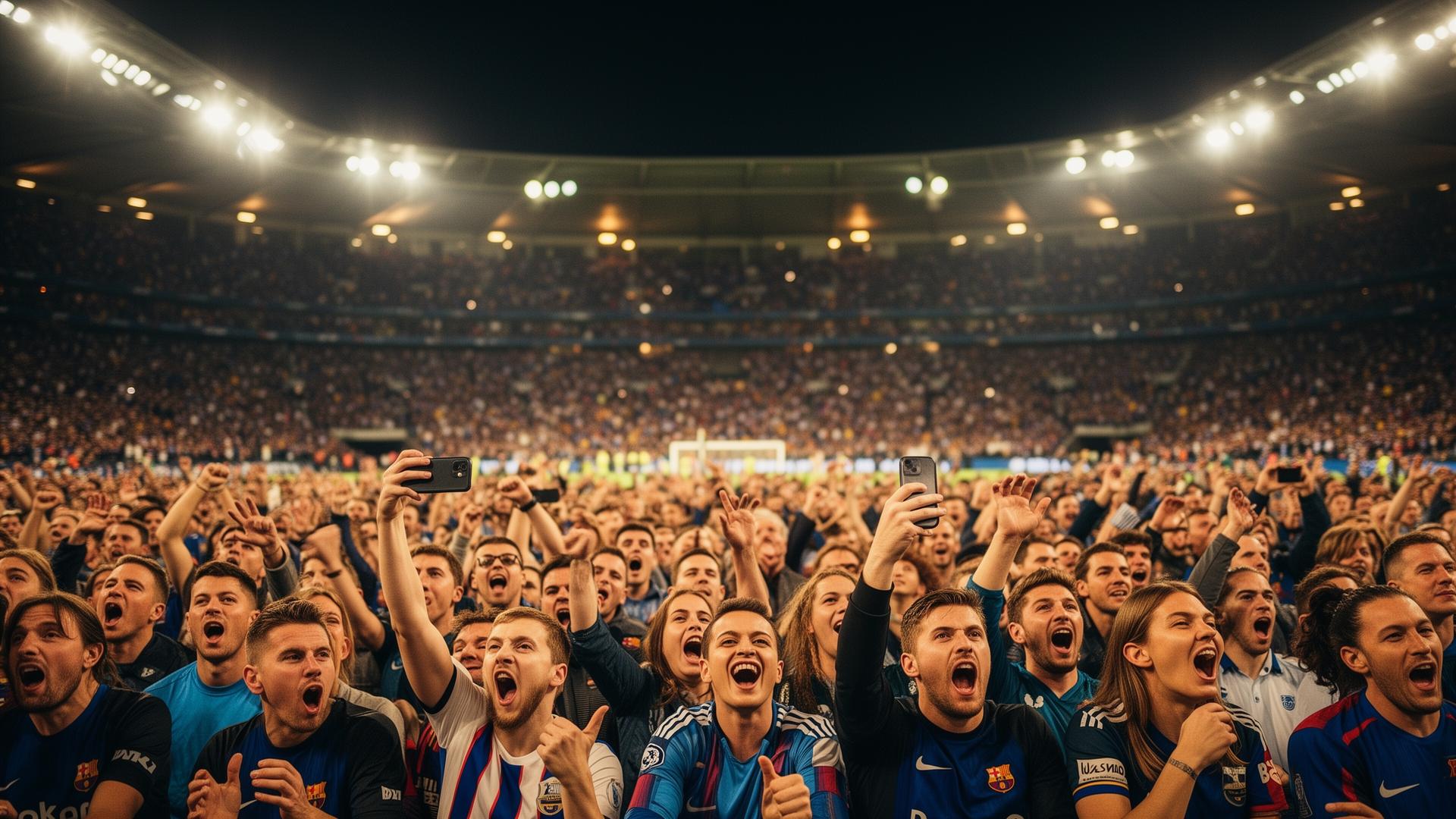 Fans in a packed stadium using their phones